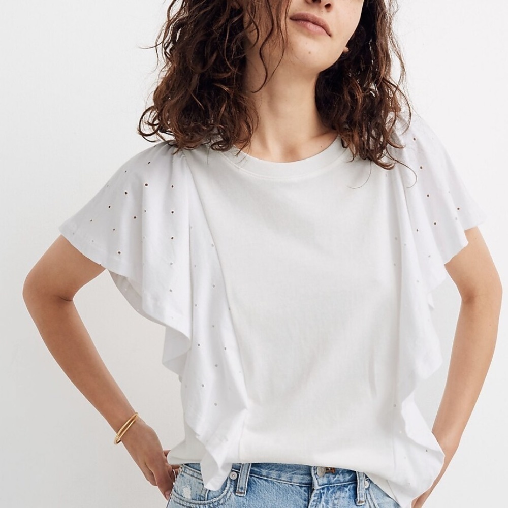NWT Madewell White Texture & Thread Holepunch Mix Flutter Sleeve Blouse Size M